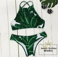 Set de bikini cu șalter cu imprimeu tropical cu frunze de banană, încrucișat la spate, cu gât înalt